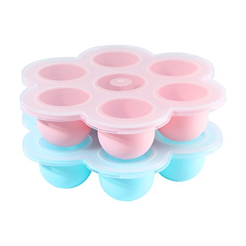 2 Packs Egg Bites Molds, Umiwe Silicone Baby Food Freezer Tray Storage Container with Clip-on Lid for Homemade Vegetable Fruit Purees, Breast Milk, jelly, pudding, ice-cubes (pink & light blue)