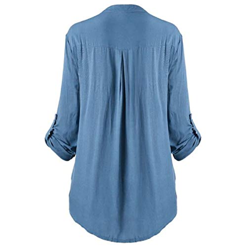Tsmile Women V-Notch T-Shirt Elegant Pleated Plus Size Button Down Lace Patchwork Cuff Sleeve High Low Hem Tops Tee Blue