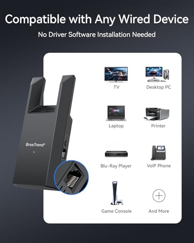 BrosTrend AC1200 WiFi to Ethernet Adapter with RJ45 Gigabit Port, Dual Band 5GHz & 2.4GHz Universal WiFi Bridge for PC, PlayStation, Xbox, Printer, Smart TV, Blu-Ray Player, DVR etc., WPS Easy Setup