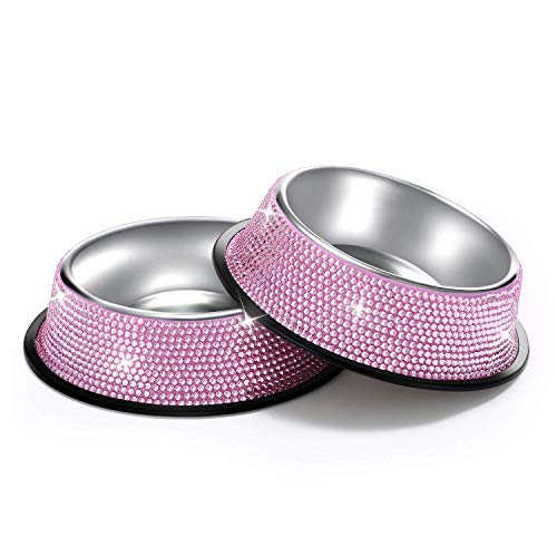 SAVORI Bling Dog Bowls Pink, 640ML Handmade Bling Rhinestones Stainless