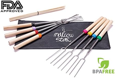MallowStar - Marshmallow Roasting Sticks Set of 8 Telescoping Smores Skewers &amp; Hot Dog Fork 32 Inch - Campfire Hot Dog Roasting Sticks - Marshmallow Forks For Kids &amp; Adults - Bonus Pouch