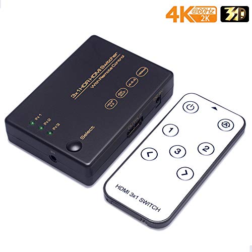 HDMI Switch 3 in 1 ouput Support 4K@60HZ, HDMI 2.0, HDCP 2.2, HDR, 3D, 18G/BPS with IR Remote Control, Ansten HDMI 2.0 Switcher 3x1 for PS4/PS3/PRO/Xbox/360/DVD Game Home Projector Use