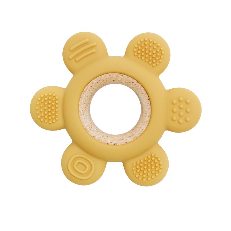 New Baby Toys - Flower Rudder Shaped Kids Teether - BPA Free - Non-Toxic Wooden Teether Ring Flower Rudder Chew Silicone Baby Teether (Yellow)