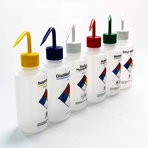 ULAB Scientific Right-to-Know Safety Wash Bottle Set, Acetone, Ethyl Alcohol, Methanol, Isopropanol, Distilled Water, Sodium Hypochloride, Vol.500ml with Draw Tube, UWB1001