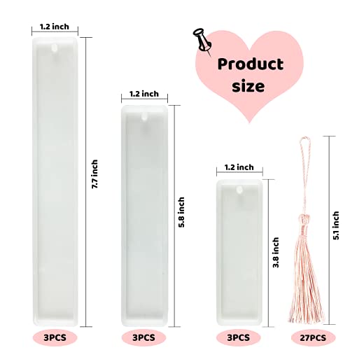 MUXGOA 9 Pcs Resin Bookmark Molds,DIY Bookmarks with 27 Pcs Handmade Silk Bookmark Tassels for Key Chain DIY Art Craft