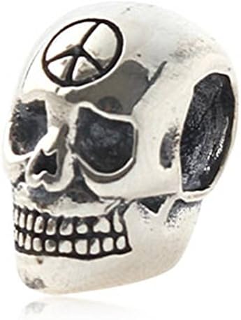 Choruslove Terrible Muertos Skull Charm with Peace Sign 925 Sterling Silver Bead for Haloween Gift Bracelet Compatible