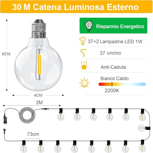 Outdoor Light Chain 30 m, Waterproof Outdoor Garden Lights, LED Light Bulbs Outdoor Garden Dimmable with Remote Control, Outdoor String Lights for Decorative Festivals, Weddings, Terraces