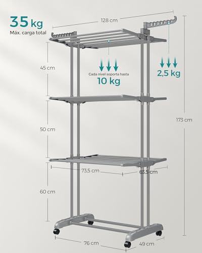 SONGMICS Tendedero, Tendedero Plegable de 4 Niveles, Asas Plegables, con Ruedas, 63.5 x 128 x 173 cm, Interior y Exterior, Gris MLLR701G01