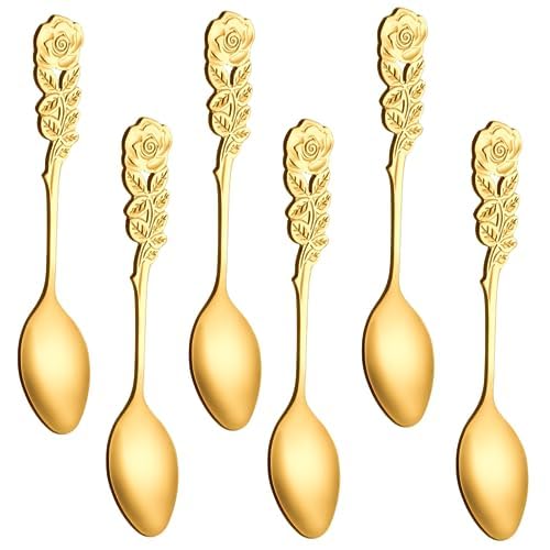 LINSIBEI 6 PCS Vintage Mini Coffee Spoons With Creative Rose Handle - Stainless Steel Small Tea and Dessert Spoons for Stirring - Nordic Household Kitchen Tableware