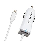 iPhone Car Charger, Shackle High Speed Travel Adapter with Extra Long Built-in Lightning Connector for iPhone 7 6S Plus 6 Plus 6 Se 5S 5 5C iPad Pro Air Mini 2 3 4 and Extra USB Port for Android