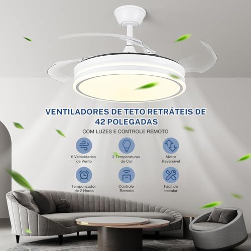 Ventilador de Teto com Luz LED Branco, 42'' Ventilador Regulável com Controle Remoto, Adequado para Quartos, Salas de Estar, Salas de Jantar e Cozinhas