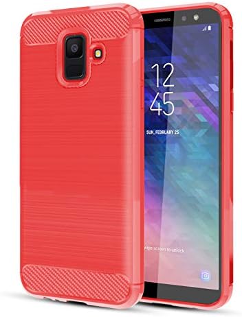 Samsung Galaxy A6 2018 Case W/HD Screen Protector Carbon Fiber Soft TPU Brushed Texture Elastic Full-Body Rubber Heavy Duty Protective case, Red