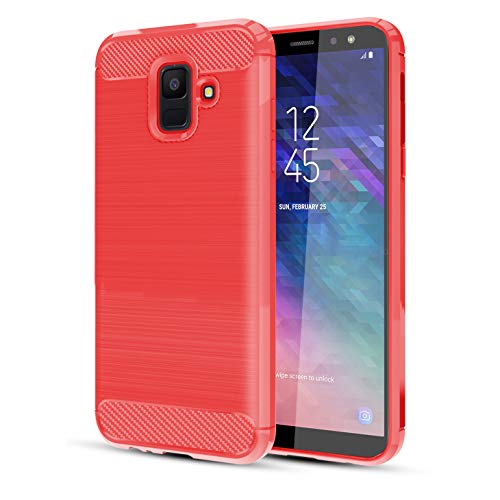 Samsung Galaxy A6 2018 Case W/HD Screen Protector Carbon Fiber Soft TPU Brushed Texture Elastic Full-Body Rubber Heavy Duty Protective case, Red