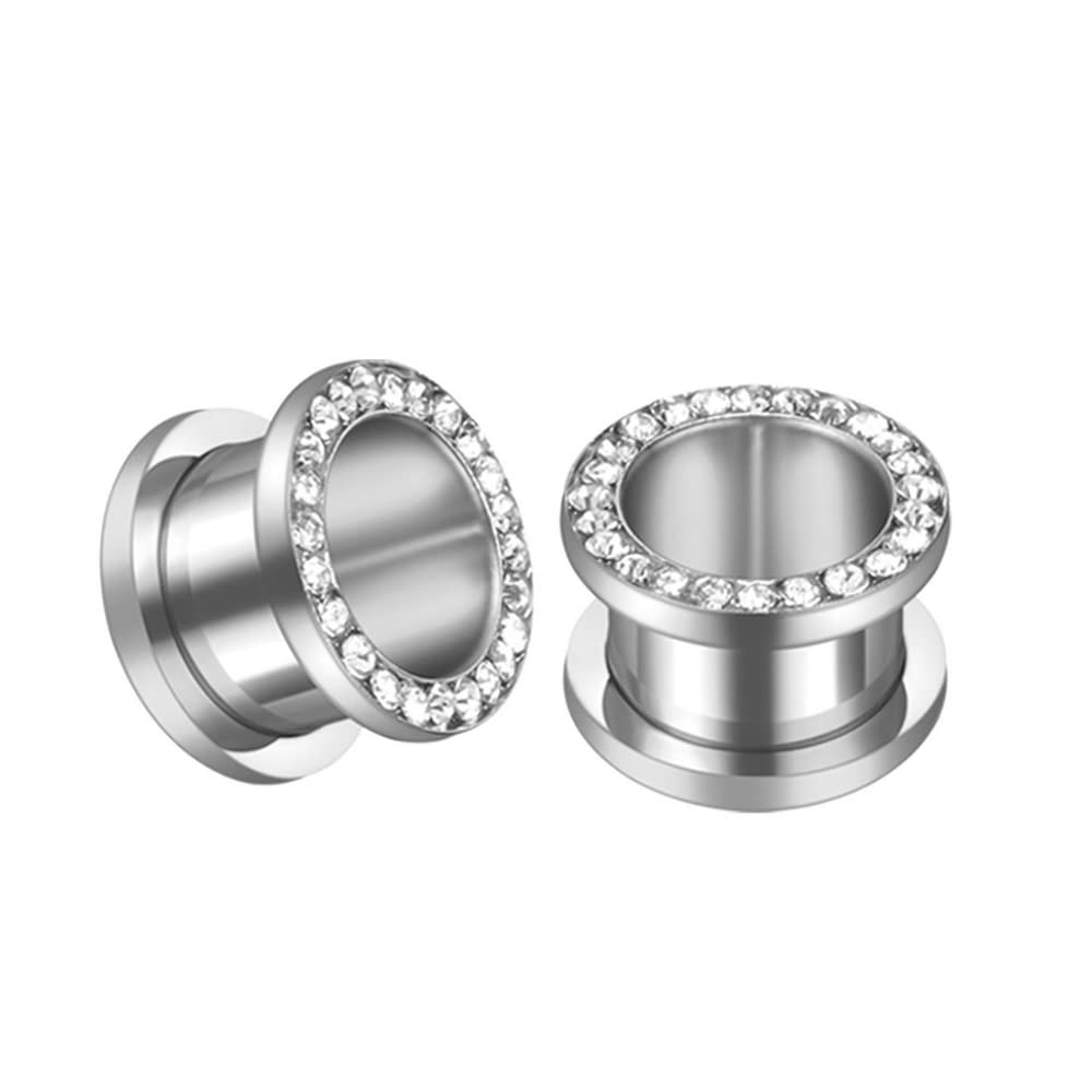 Silver Plated Crystal Rhinestones CZ Ear Tunnels Plugs Expander Gauges Stretcher Earrings Cubic Zirconia Screw Stainless Steel Fashion Piercing Body Jewelry Personalized Gifts Birthday (2g(6mm))