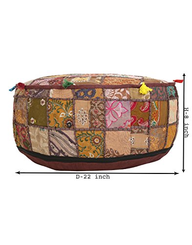 RAJRANG Traditional Cotton Brown Indian Ottoman Pouf Cover Patch Work Floral Foot Stool Ottoman for Kid Outdoor Pouffe Seating - Thumbnail 4