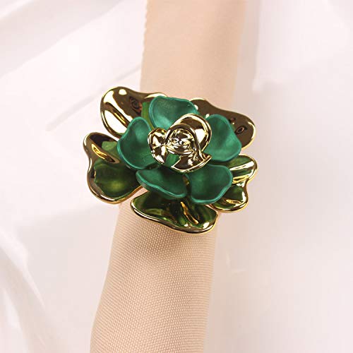 QTKJ Set of 6 Alloy Napkin Rings with Green Flower Napkin Buckle for Christmas, Holidays, Wedding, Parties, Dinners Decor(Gold)