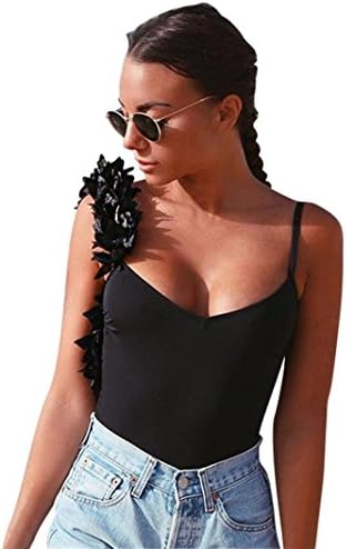 DETALLAN Women 3D Flowers One-Piece Swimsuit Backless Swimwear Jumpsuit With U-Neck (Black, L)