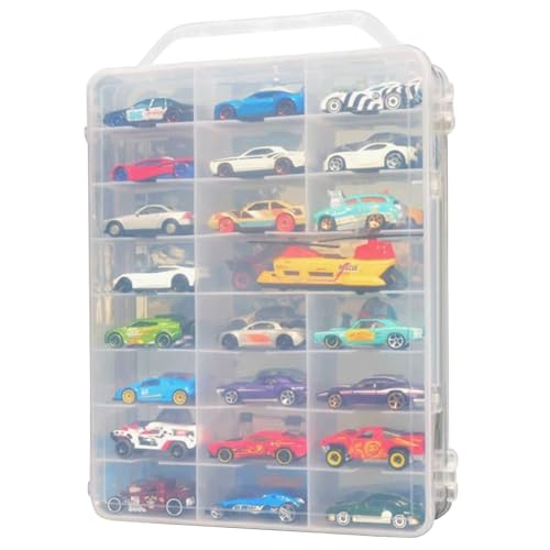 Portable Transparent Double Sided Storage Case - 48 Compartments for Toy Cars, Matchbox Cars, 1:64 Scale Model Cars, with Handle (Case Only)
