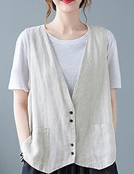 Zontroldy Womens Cotton Linen Vest Casual Loose V
