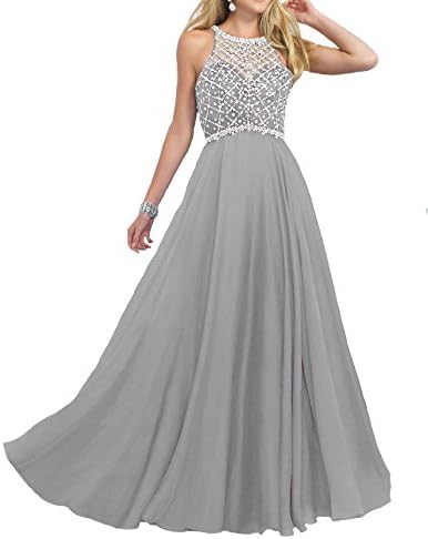 Firose Women's Long Prom Dresses 2019 Scoop Neckline Beaded A Line Formal Dress
