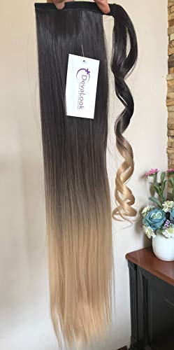 22 Inches Long Straight Ombre Wrap Around Ponytail Synthetic Clip in Hair Extensions Hairpieces (Straight-dark brown to sandy blonde-)