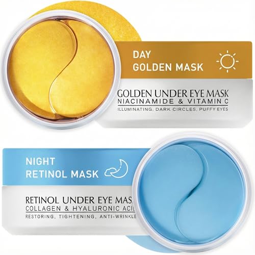 Under Eye Patches Kit: 120 Pcs Retinol & Golden Gel Eye Mask for Dark Circles, Puffiness and Wrinkles - Day & Night Skin Treatment Pads with Niacinamide, Collagen, Hyaluronic Acid & Vitamin C (2 Pack)