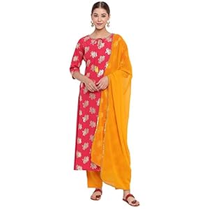 Janasya Women’s Poly Crepe A-Line Kurta With Pant And Dupatta