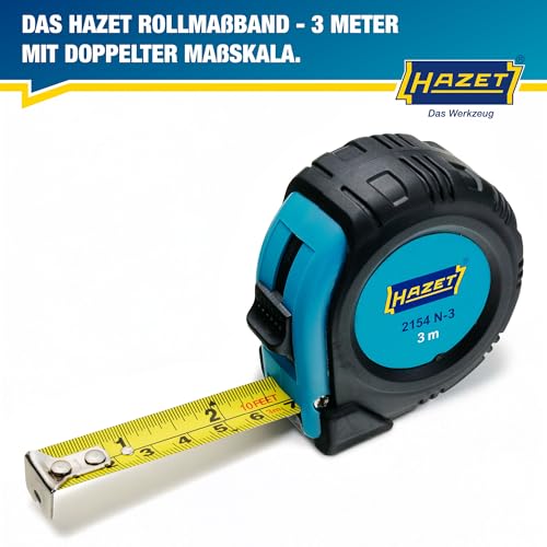 HAZET Maßband 2154N-3 | 3 Meter, reduziertes Abknickverhalten und widerstandsfähige Beschichtung, automatisches Einziehen durch Qualitätsfeder und doppelte Bandmaß Beschriftung 2
