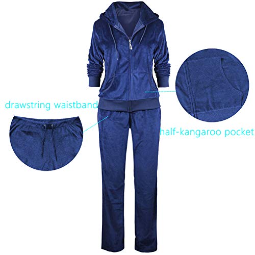 Tanbridge Women's 2 Piece Solid Velvet Plus Size Tracksuit Set Full Zip-up Hooded Sweatshirts & Pants Set (Navy,3XL)