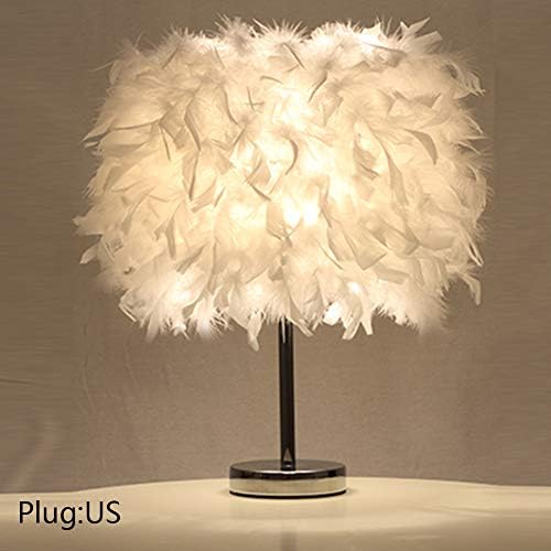 Morehappy7 Feather Table Lamp Vintage Elegant Bedside Desk Night Light Lampshade for Bedroom Foyer Living Reading Sitting Room Decorations(EU Plug,White)
