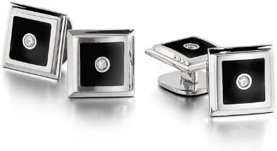 STEL Stainless Steel Black Enamel Diamond Tuxedo Stud Set