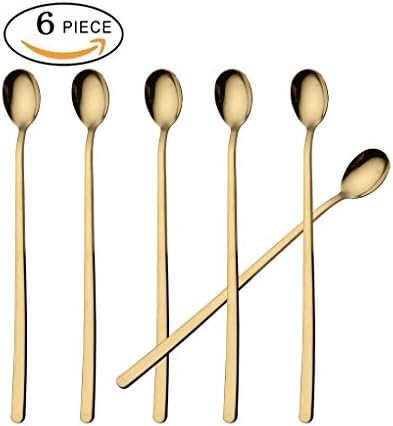 6 Pcs 9-Inch Long Handle Teaspoons, Coffee Spoon and Ice Cream Spoon, Dessert &amp; Milkshake Spoon, Fruit Juice Long Spoon, 18/8 Stainless Steel Spoons, Color Gold