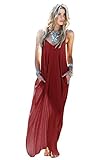 Mixmax Women's Strappy Casual Loose Boho Chiffon Pocket Long Maxi Dress (XX-Large, Dark Red)