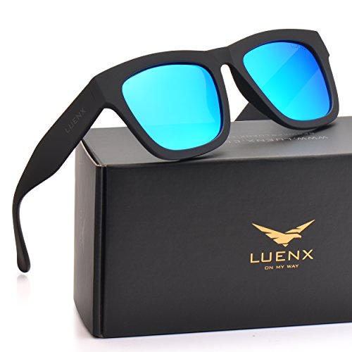LUENX Mens Wayfarer Polarized Sunglasses UV 400 Protection Mirror Blue Lens Black Frame 58MM,by with Case