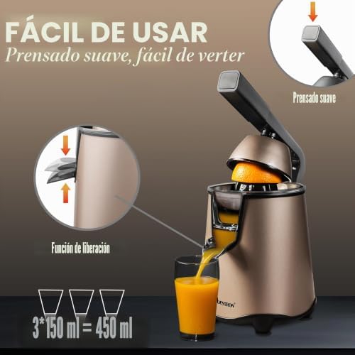 Exprimidor eléctrico, exprimidor de naranja con función de parada de boquilla y tamiz de pulpa de acero inoxidable, incluye 2 conos de 450 ml de capacidad, palanca de presión suave para un