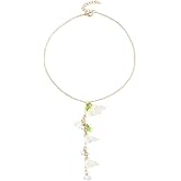 Lily of The Valley Tassel Pendant Necklace for Women Girls Faux Pearl Shell Lily Flower Dangle 14k Golden Plated Link Adjustable Chain Necklaces Elegant Birthday Jewelry Gift Wedding