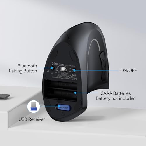 TECKNET Ergonomic Mouse, Wireless Bluetooth Vertical Mouse, 4800 DPI Optical Tracking, 6 Adjustable DPI, Quiet Clicks, 2.4GHz with USB A Receiver, 12 Months Battery, 6 Buttons, Wide Compatibility