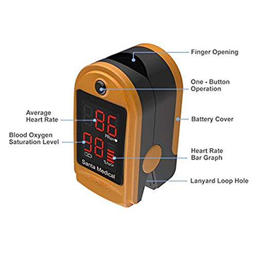 Santamedical SM-150 Fingertip Pulse Oximeter Oximetry Blood Oxygen Saturation Monitor with Carrying Case, Batteries and Lanyard - Orange