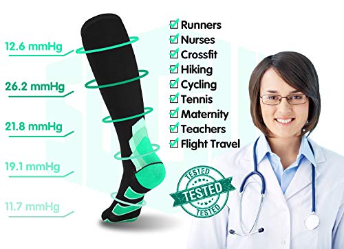 SUGUE Compression Socks (1 Pair) for Women & Men 20-30 mmHg - Best Graduated Athletic Fit for Running, Flight, Nurses, Maternity, Pregnancy - Shin Splints (Green & Arrow, L/XL) - Thumbnail 2