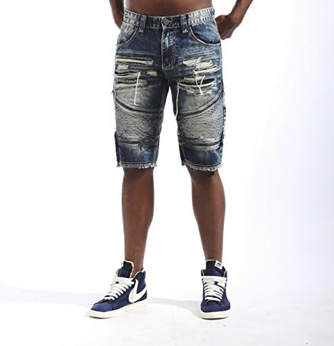 URBANMANIA Men's Hipster Hip Hop Moto Biker Denim Jean Short (38, MD BLUE TINT)