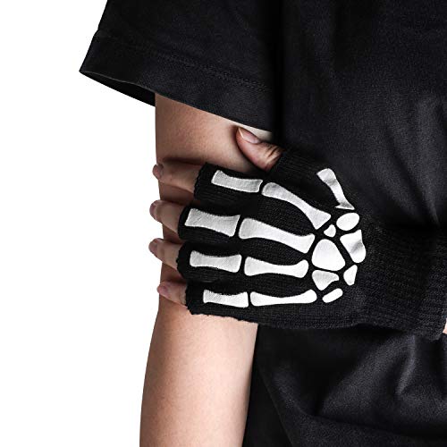 VIPITH 1 pair of Skeleton Gloves and 2-pack Skull Face Masks, Skeleton Pattern Glow in the Dark Knit Gloves and Seamless Multi Function Skull Tube Tubular Half Face Mask Headband Headwear Neck Warmer.