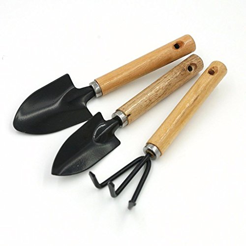 LONG7INES 3-Pack Small Garden Tool Set - Garden Triangle shovel+Square shovel+Rake for Women Shovel Rake Spade Wood Stick