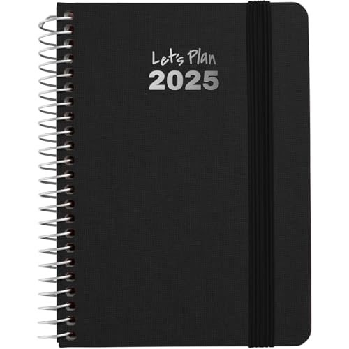 Grafoplás Agenda annuel semainier 2025 a6, noir, espagnol, à spirale, couverture rigide doublée en tissu, fermeture élastique, de janvier à décembre, avec autocollants, certifié FSC