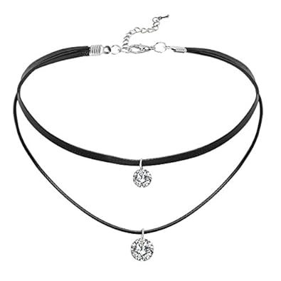 Daesar Damen Choker Halskette Halsband Seil Leder 2 Runde Zirkonia Halsband Halskette Silber Schwarz Kette 34.5CM (+6.5cm Ver