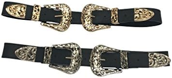 Women's Faux Leather Retro Boho Coachella Metal Western Double Buckle Belt Silver