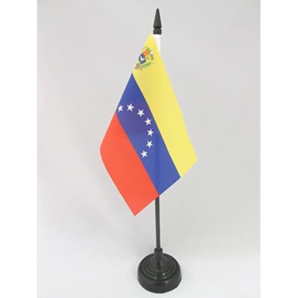 AZ FLAG - Venezuela Old 7 stars with arms Table Flag 4'' x 6'' - former Venezuelan Office Mini Banner 100% Polyester 15 x 10 cm - Mini Desk Flag with 10'' Pole and Black Plastic Base
