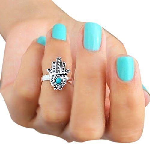 XCSSKG 1.7cm Bohemia Ethnic Hamsa Hand Fatima Mid Finger Ring Blue Bead Charm