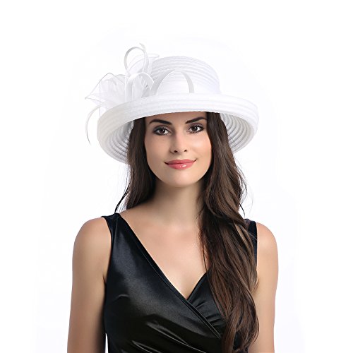 Dantiya Women's Organza Wide Brim Bowler Hat Kentucky Derby Church Dress Sun Hat (White)
