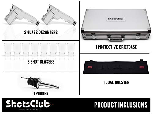 SHOTSCLUB Unique Whiskey Decanter and Glass Set - Gun Decanters for Alcohol, 8 Shot Glasses, Holster, Carry Case - Drinking Party Accessories for Men