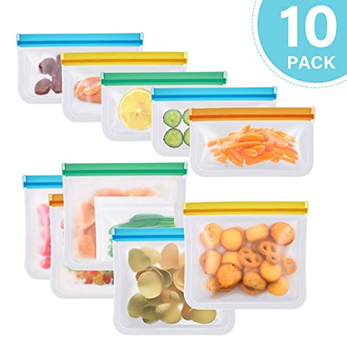 Reusable Food Storage Bags, 10 Pack Leakproof Freezer Bag, reusable sandwich/snack bags-Silicone/Ziplock/Storage For Vegetable, Liquid, Snack, Meat, Lunch, Fruit EXTRA THICK Home Organization Travel